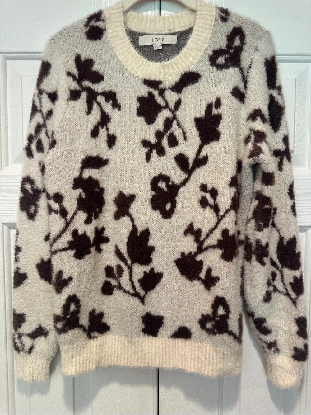 LOFT Cream Fuzzy Crewneck Sweater with Brown Floral Motif size XS